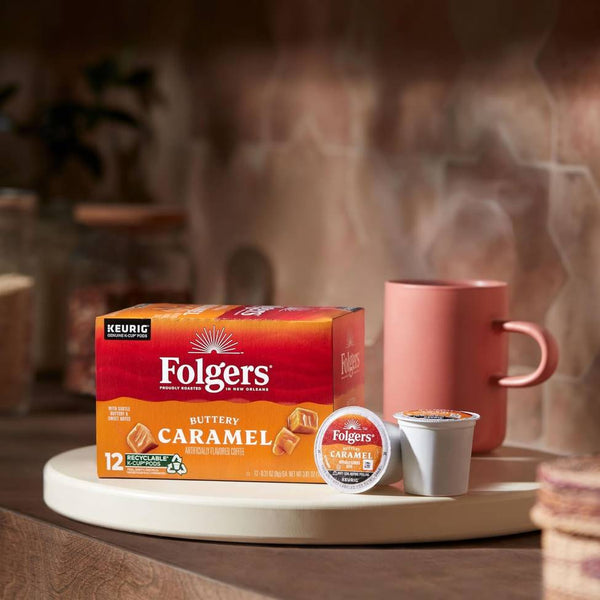 Load image into Gallery viewer, Folgers Buttery Caramel, Medium Roast, Keurig K-cup Coffee Pods, Box of 12 K-cups
