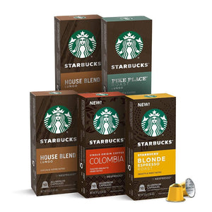 Starbucks Mild Variety Pack (House Blend, Pike Place Roast, Colombia, Blonde Espresso Roast), Box of 50 Nespresso Capsules