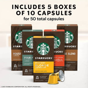 Starbucks Mild Variety Pack (House Blend, Pike Place Roast, Colombia, Blonde Espresso Roast), Box of 50 Nespresso Capsules